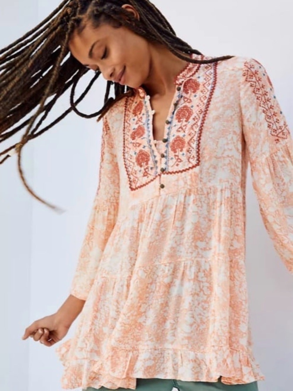 Anthropologie Peach Embroidered Babydoll Tunic Boho Western Festival blouse